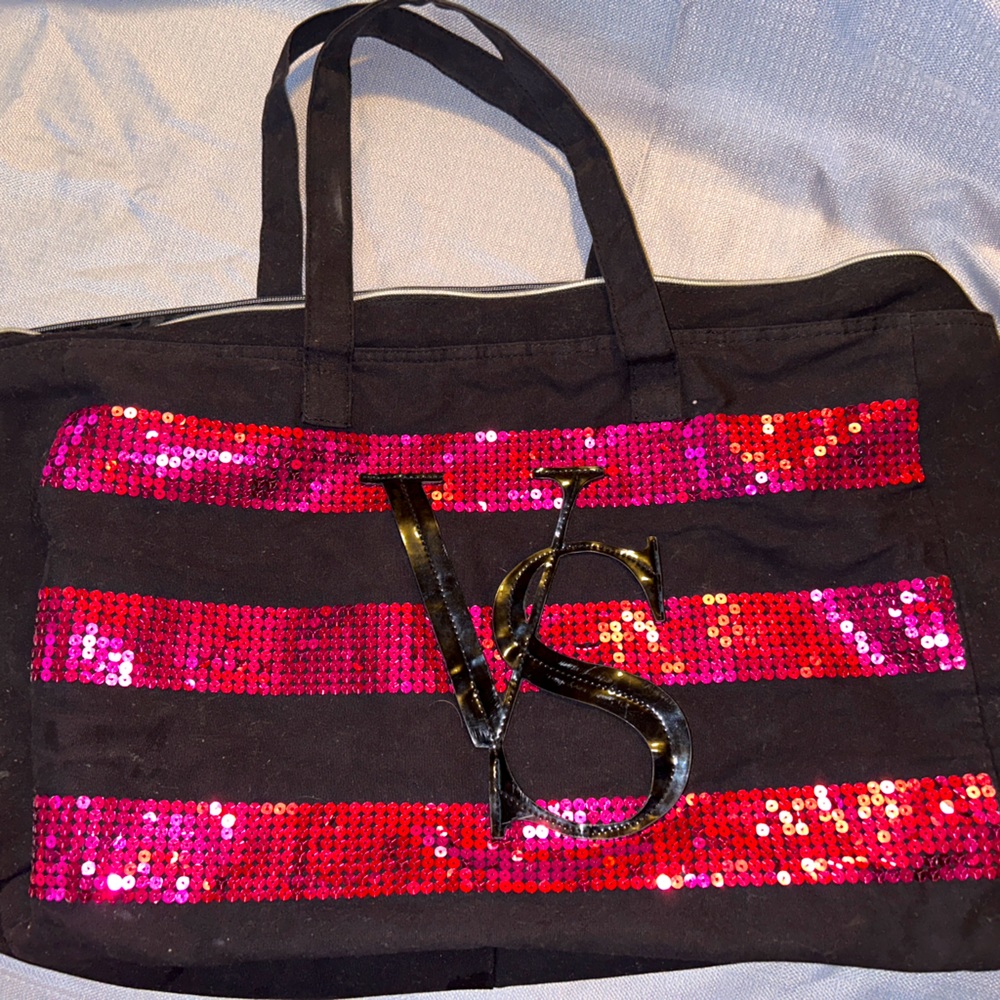 Victoria secret luggage tote. Huge. Pink and Black. Sequins